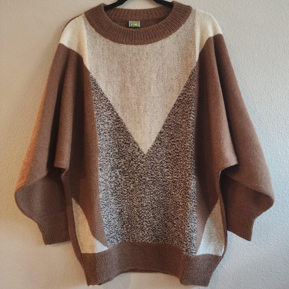 Vintage Toni Sweater Mens Large Brown Beige Geometric Wool Knit Pullover 80s 90s